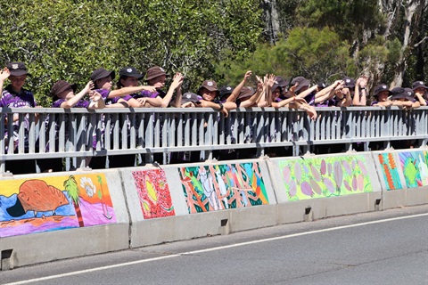 Cudgera Ave Koala Beach Bridge Mural project with kids on bridge