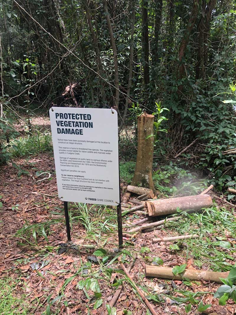 Cudgera Creek vegetation damage sign